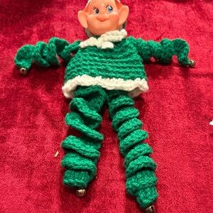 Green Elf vintage crocheted with jingle bells on legs and arms